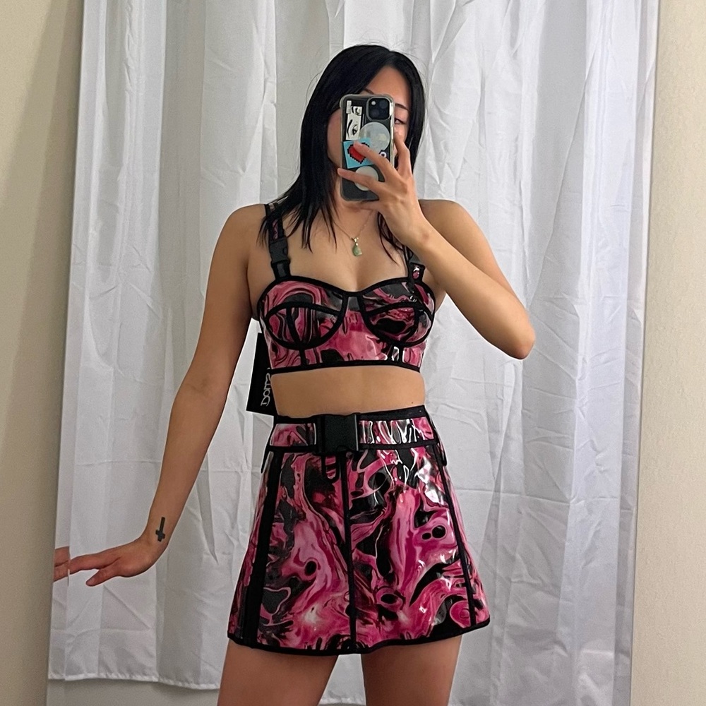 rave set acid wash bra skirt pink adjustable new with tags festival edm pvc XS - Picture 2 of 7